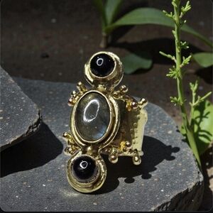 18k Gold Plated Artisan Labradorite & Onyx Statement Ring
